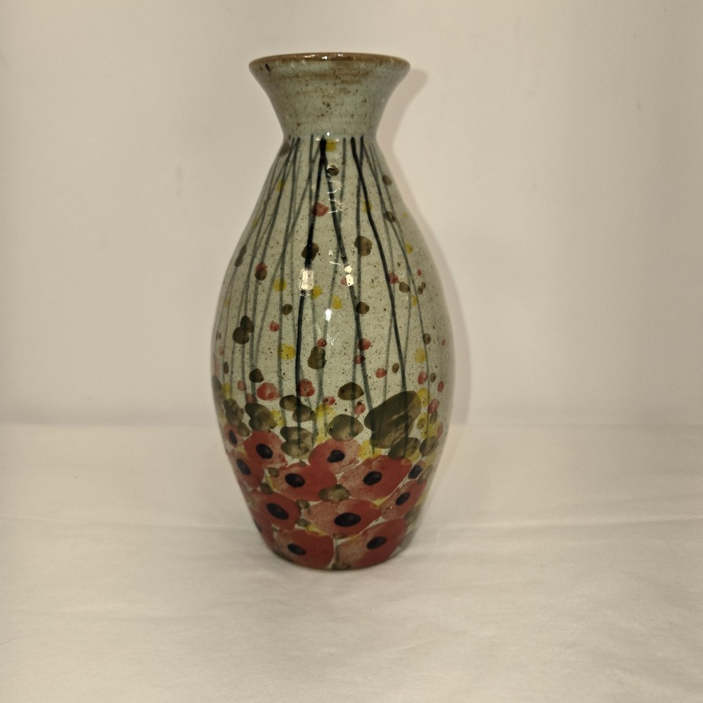 Ceramic Glossy Floral Decorative Bottle Flower Vase Gray/Red 9 in